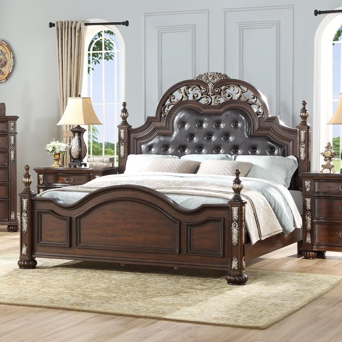 New Classic Maximus King Poster Bed with Upholstered Headboard Royal